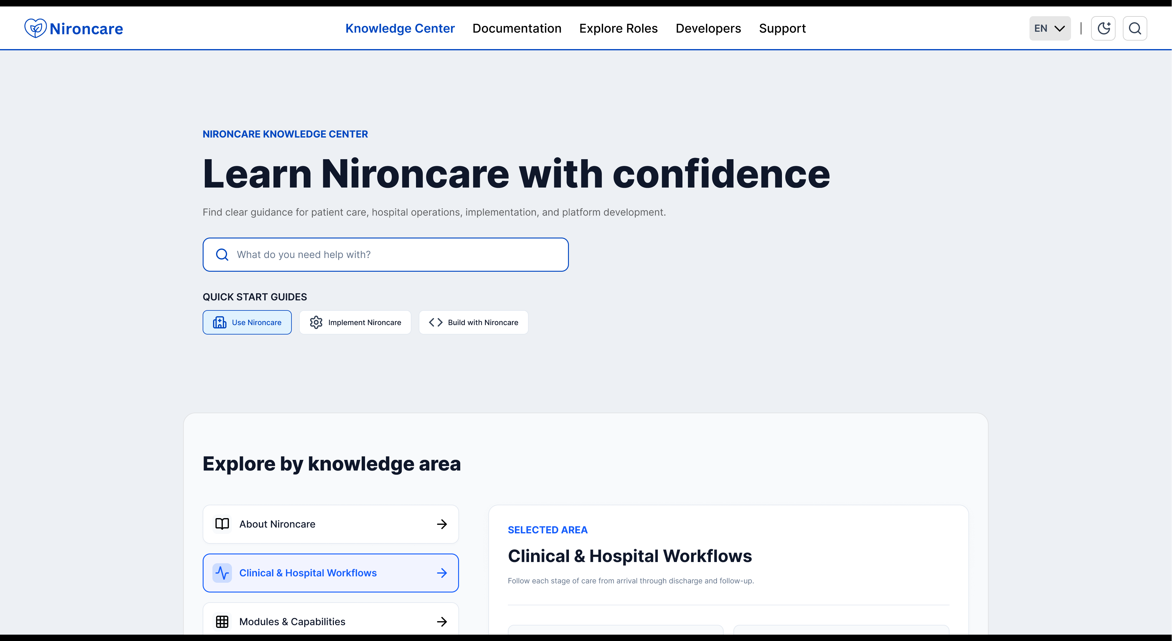 NironCare Knowledge Center interface preview